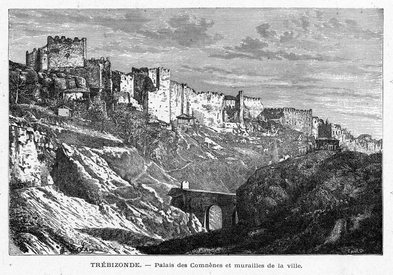 View of the Palais des Comes and walls of the city of Trebizonde, Turkey. Engraving in 
