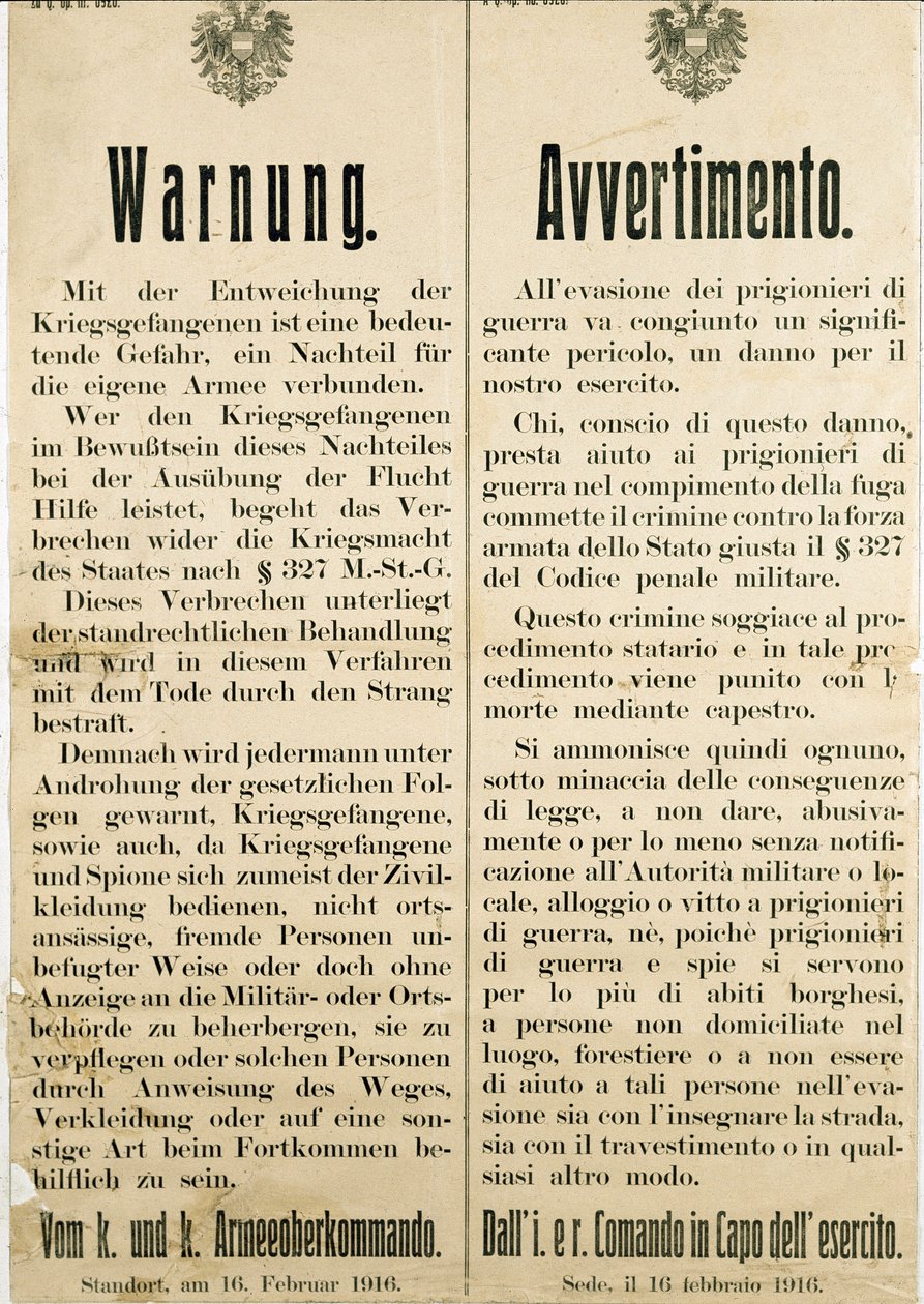Warning After the Escape of Italian Prisoners of War on February 16th 1916 by Anonymous Anonymous