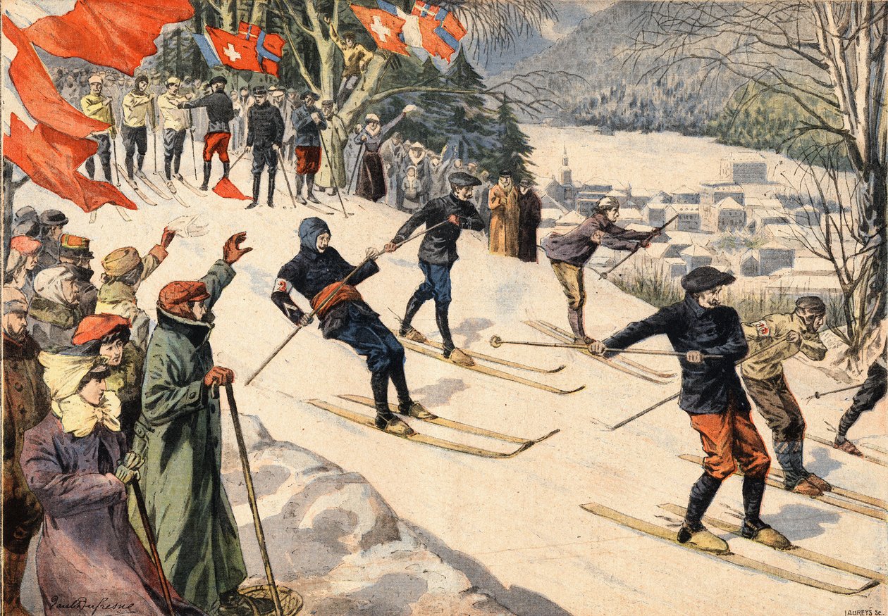 Winter sport: Ski competition in Chamonix in Haute Savoie in the Alps, France. Swiss and French flags encourage skiers. Engraving from the newspaper Le Petit Parisien by Anonymous Anonymous
