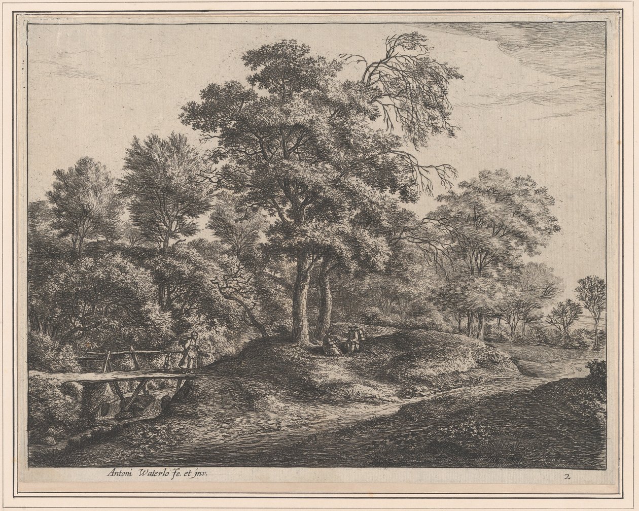 A Peasant Woman and Daughter on a Small Wooden Bridge, 17th Century by Anthonie Waterloo