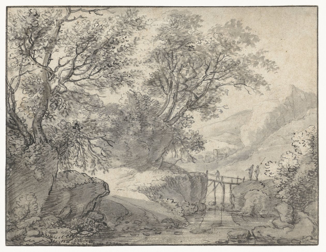 Mountain Landscape with Trees and a Bridge over a Stream by Anthonie Waterloo