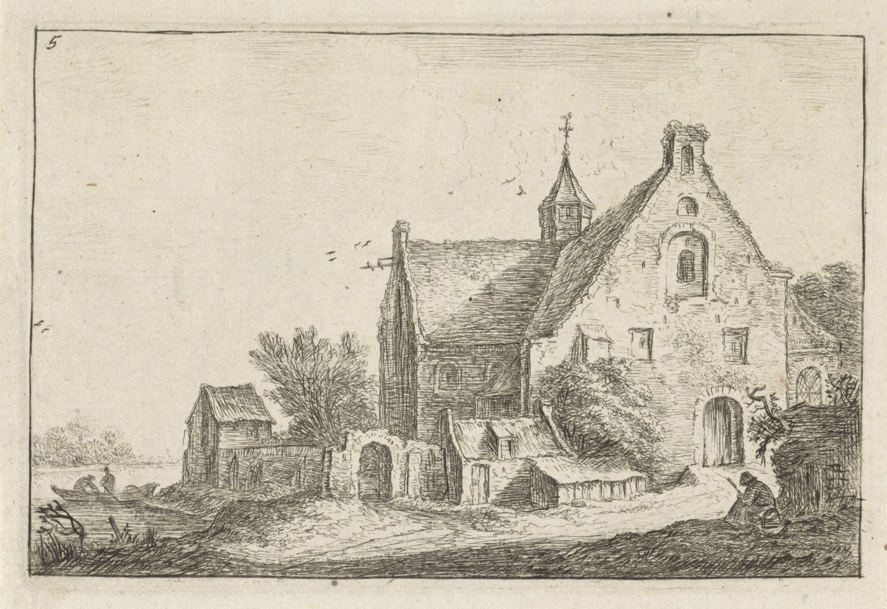 Village Church by the Water Landscapes with Buildings (series title) by Anthonie Waterloo