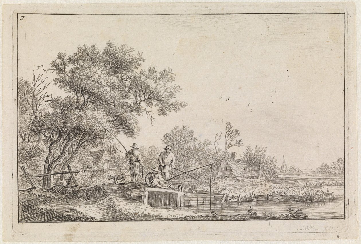 Three Anglers on the Bridge (No.7 from a series of 12 prints) by Anthonie Waterloo