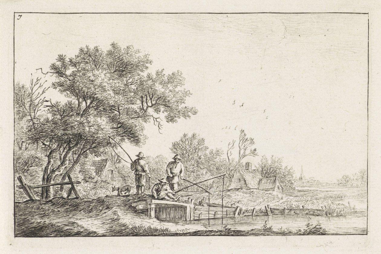 Three Fishermen on a Bridge by Anthonie Waterloo