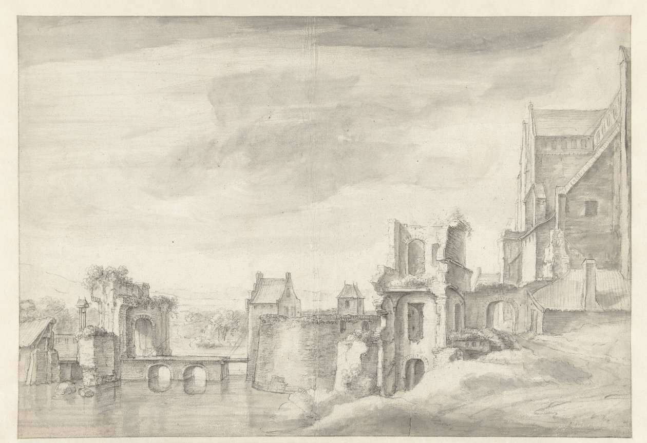 View of Ruins on a Riverbank (St. Walburgkerk in Arnhem?) by Anthonie Waterloo