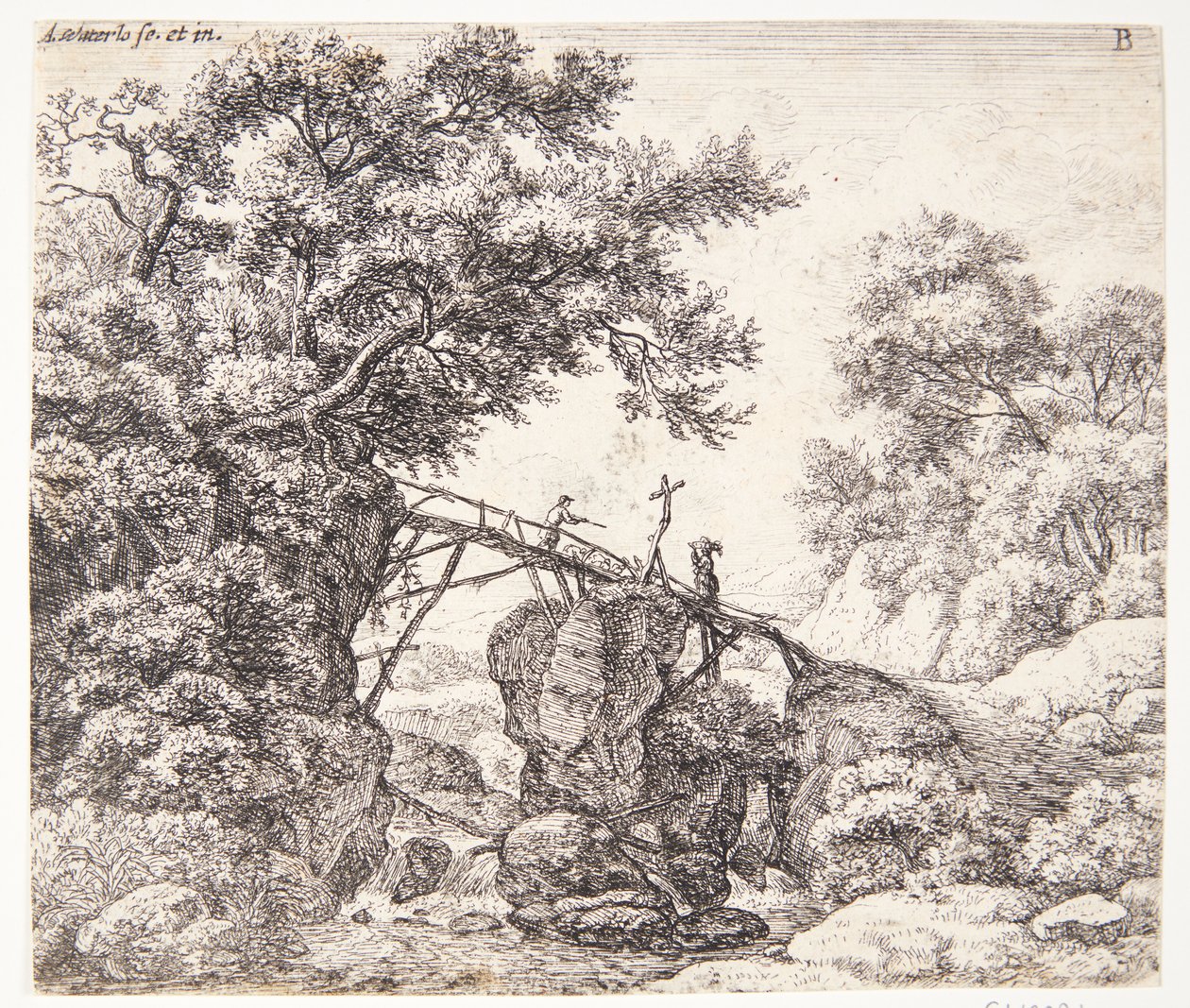 Shepherd on a Sloping Wooden Bridge by Anthonie Waterloo