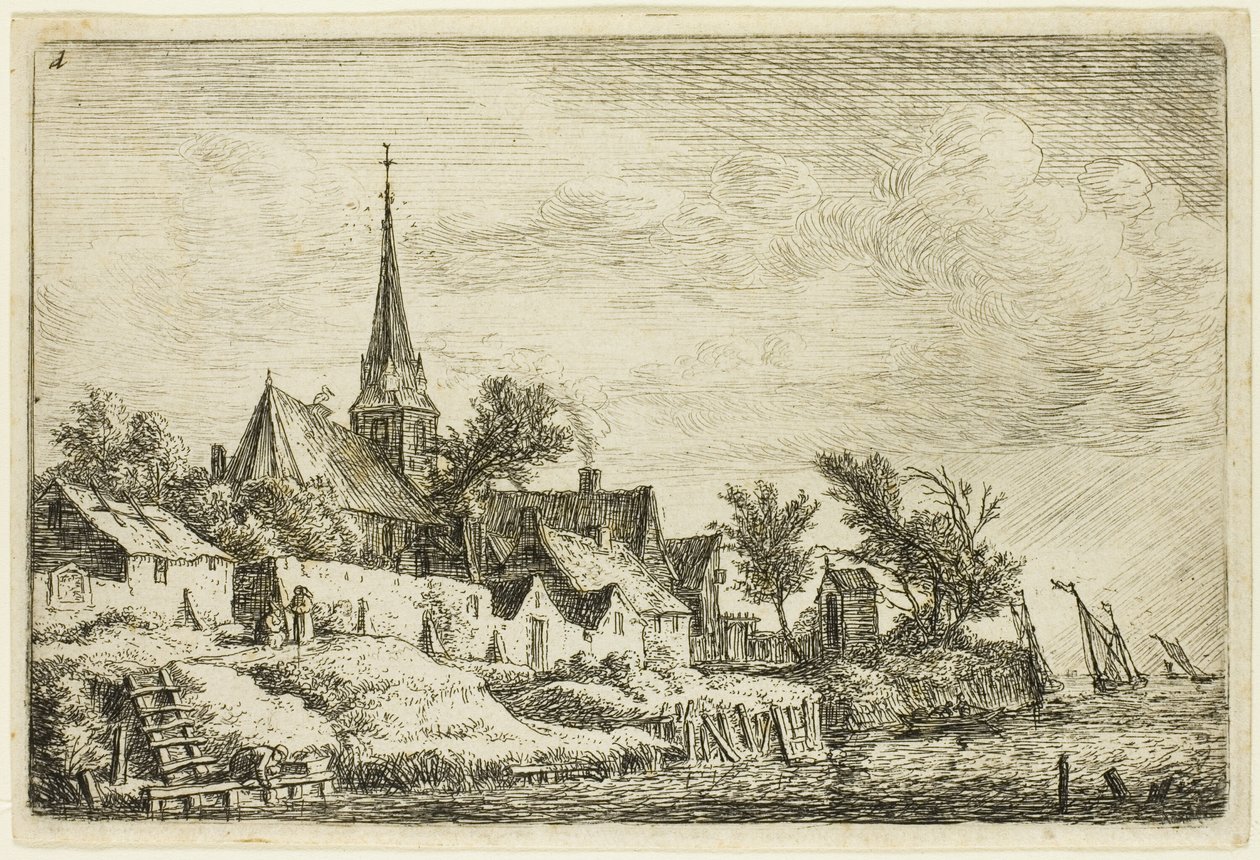 The Steeple in the Village by the Sea by Anthonie Waterloo