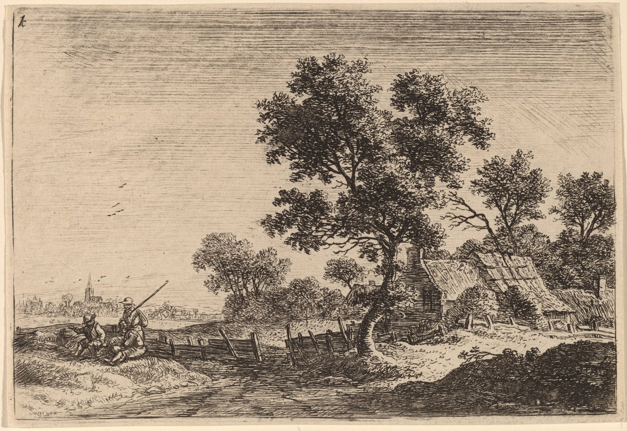 Three Peasants on a Knoll outside a Hamlet by Anthonie Waterloo