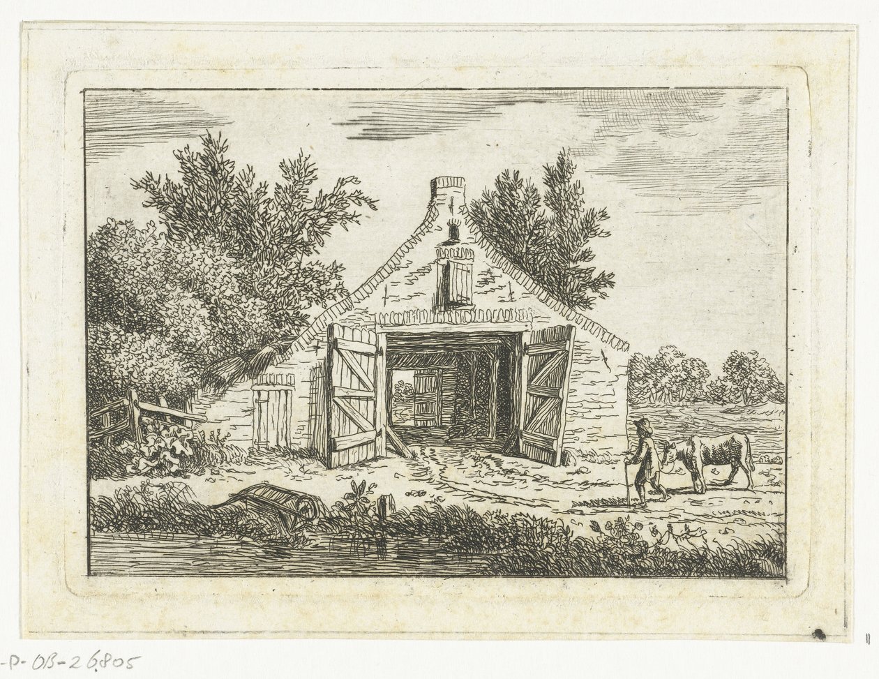 Man with Cow in Front of a Barn Outside Hattem by Anthonie van den Bos