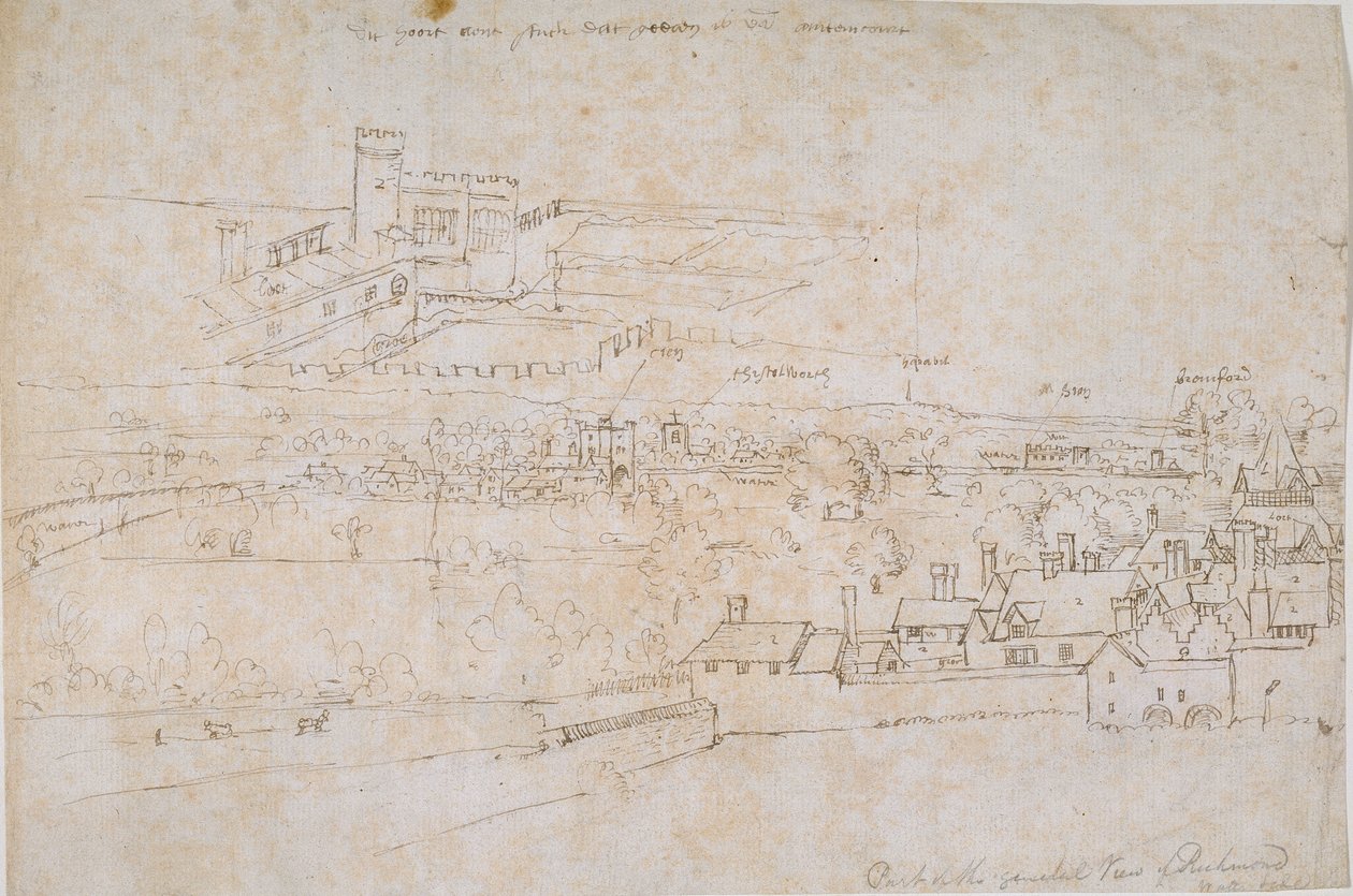 Sheet of studies of the Palaces of Hampton Court, Richmond and surrounding Countryside by Anthonis van den Wyngaerde