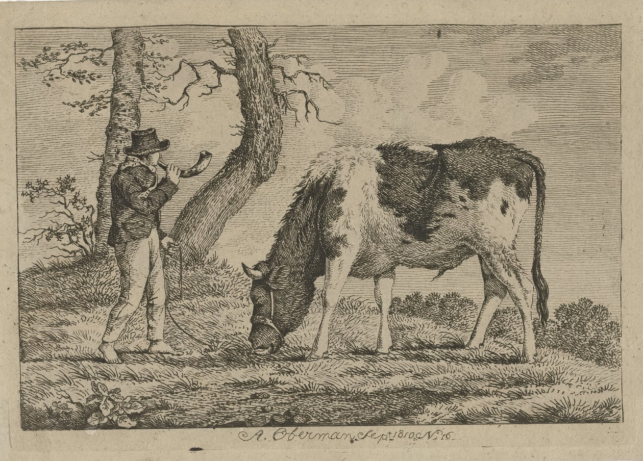 Shepherd with Cow (Studies of Cows, Sheep, and Goats) by Anthony Oberman