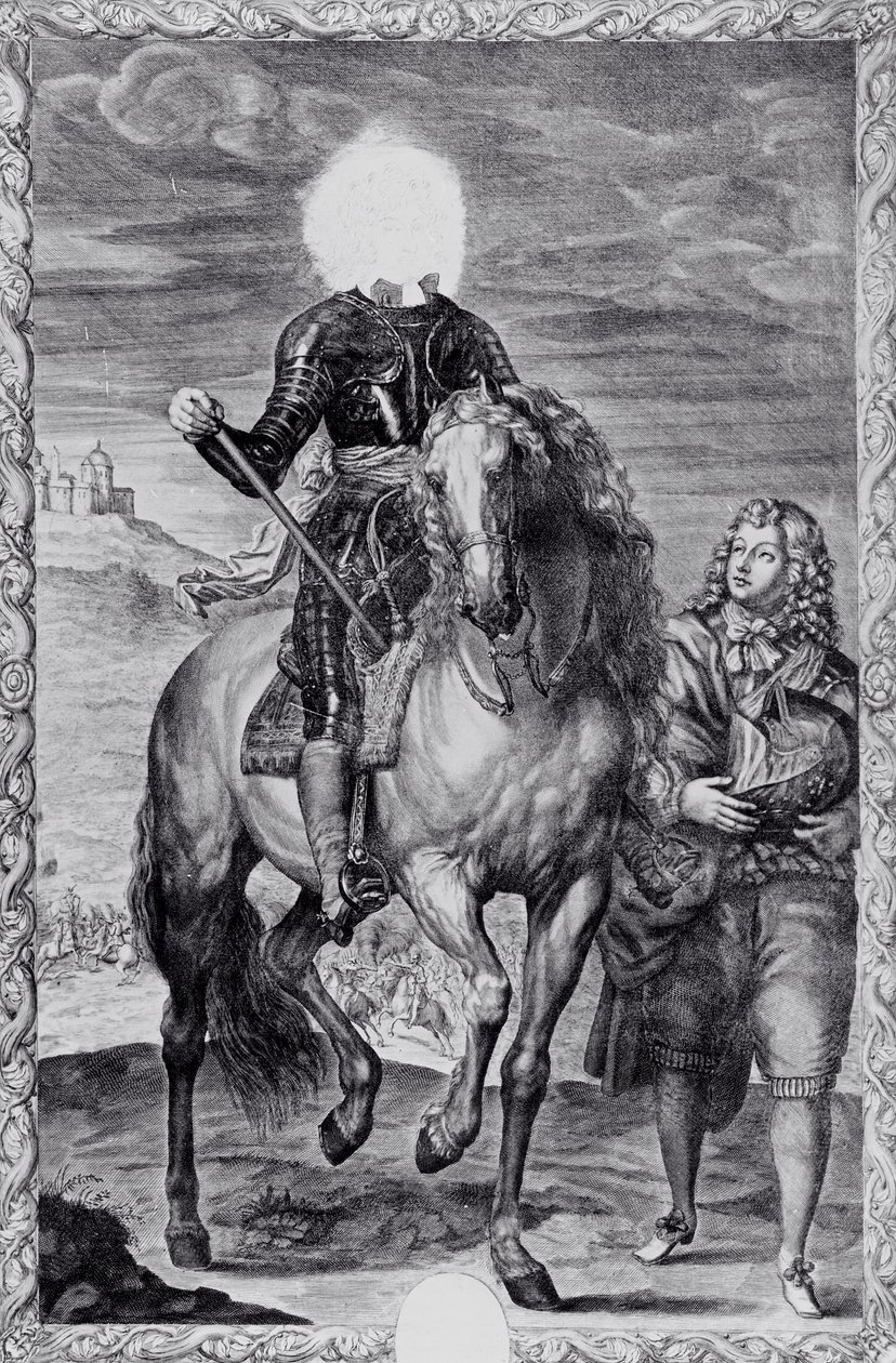 Defaced equestrian portrait of Charles I (engraving) by Anthony van (after) Dyck