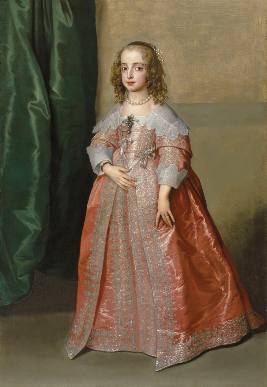 Portrait of Princess Mary (1631–1660), daughter of King Charles I of England, full-length, in a pink dress decorated with silver embroidery and ribbons by Anthony van Dyck