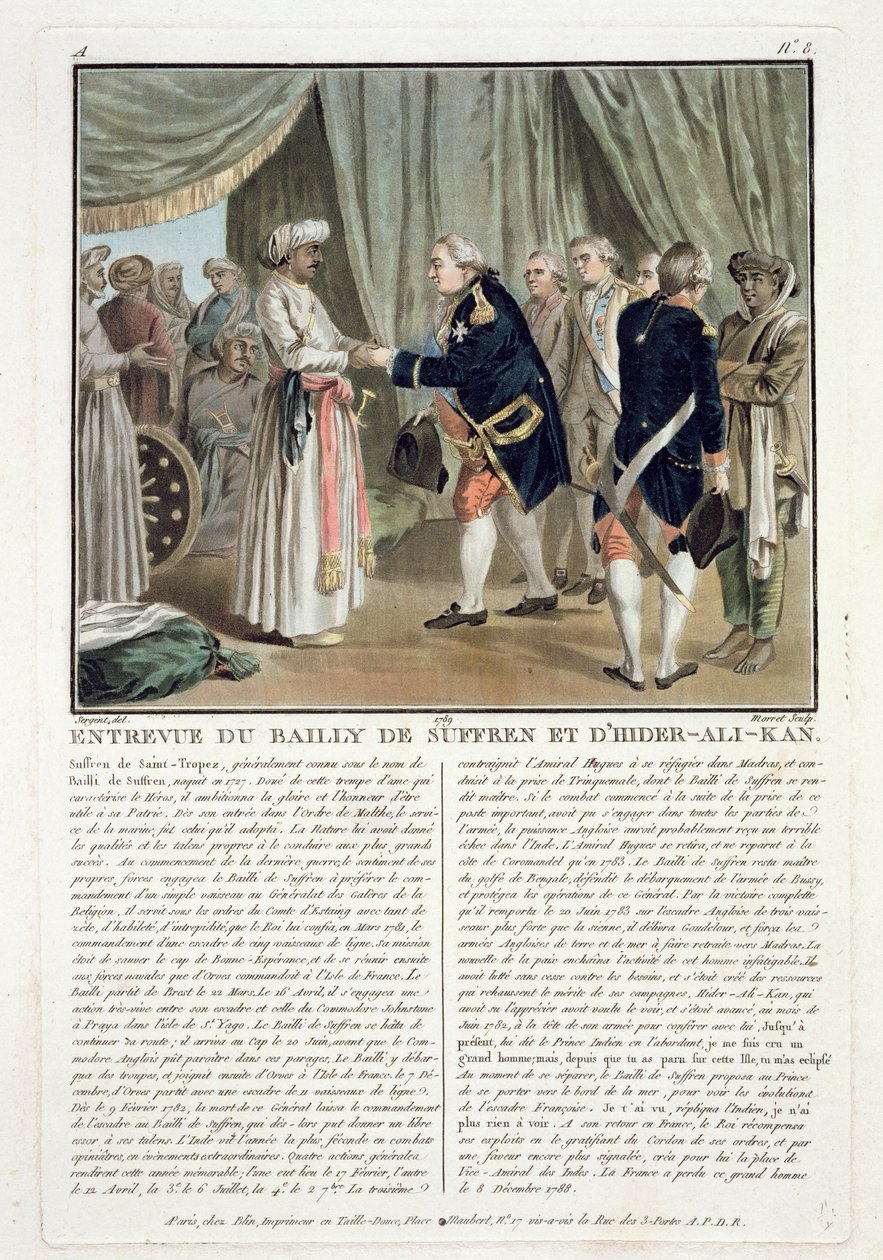 Meeting of Pierre Andre de Suffren de Saint Tropez and Haider Ali, 1782, engraved by Jean Baptiste Morret, 1789 by Antoine Louis Francois Sergent Marceau