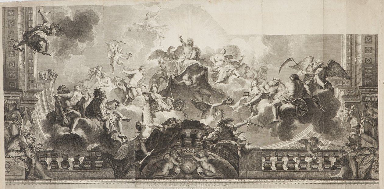 Design of Centre Panel of Ceiling of the Grand Gallery of the Palais Royal, engraved by Nicolas Henri Tardieu (1674-1749) by Antoine (after) Coypel