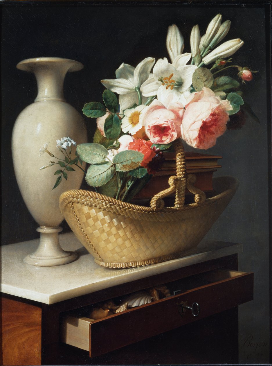 Bouquet of Lilies and Roses in a Basket by Antoine Berjon