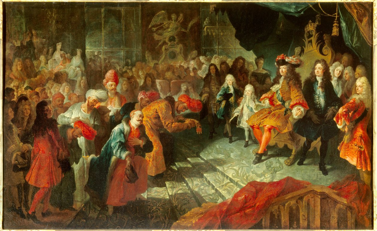 King Louis XIV receives the Ambassador Extraordinary of Persia Mehemet Reza Bey in the gallery of the ice cream in Versailles by Antoine Coypel
