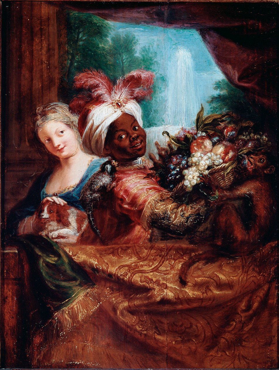 Young girl stroking a dog and black servant presenting a basket of fruit. A little monkey is laying on her shoulder. Painting by Antoine Coypel by Antoine Coypel