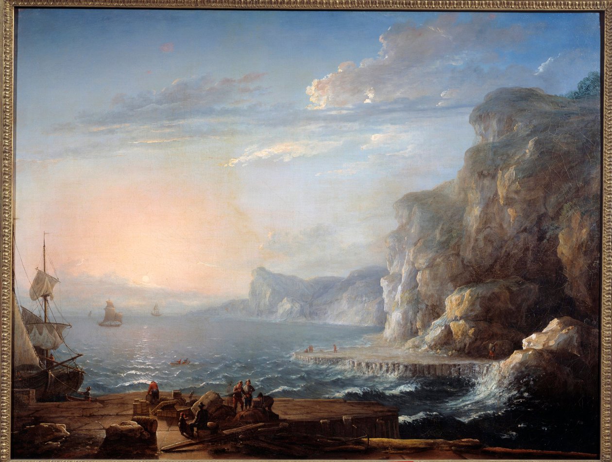Sunset A landscape of cliffs and rocks on the sea, with fishermen in the foreground by Antoine Lebel
