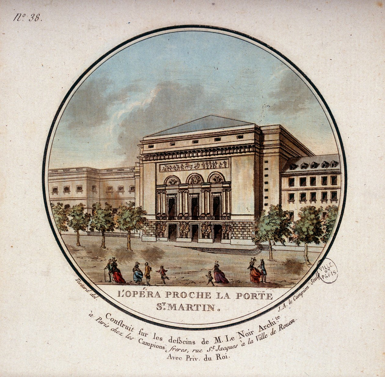 The opera built according to the drawings of the architect Le Noir near the Porte Saint Martin in Paris today the theatre of the Porte Saint Martin. In picturesque views of the main buildings of Paris by Sergeant by Antoine Louis Francois Sergent Marceau