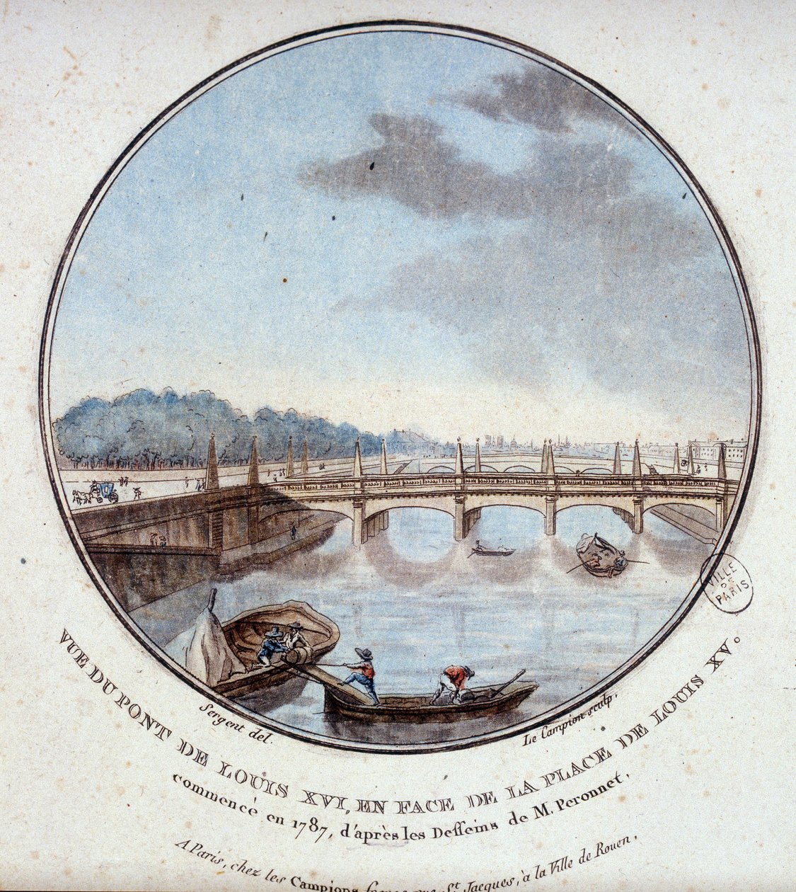 View of the bridge of Louis XVI, opposite the place of Louis XV, started in 1787 according to the drawings of Mr. Peronnet by Antoine Louis Francois Sergent Marceau