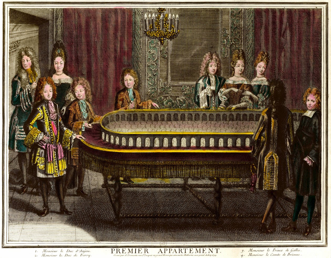 Philippe of France, Duke of Anjou, then King of Spain, Charles, Duke of Berry and Prince of Wales playing portico in the first apartment of Louis XIV in Versailles - Engraving by Antoine Trouvain by Antoine Trouvain