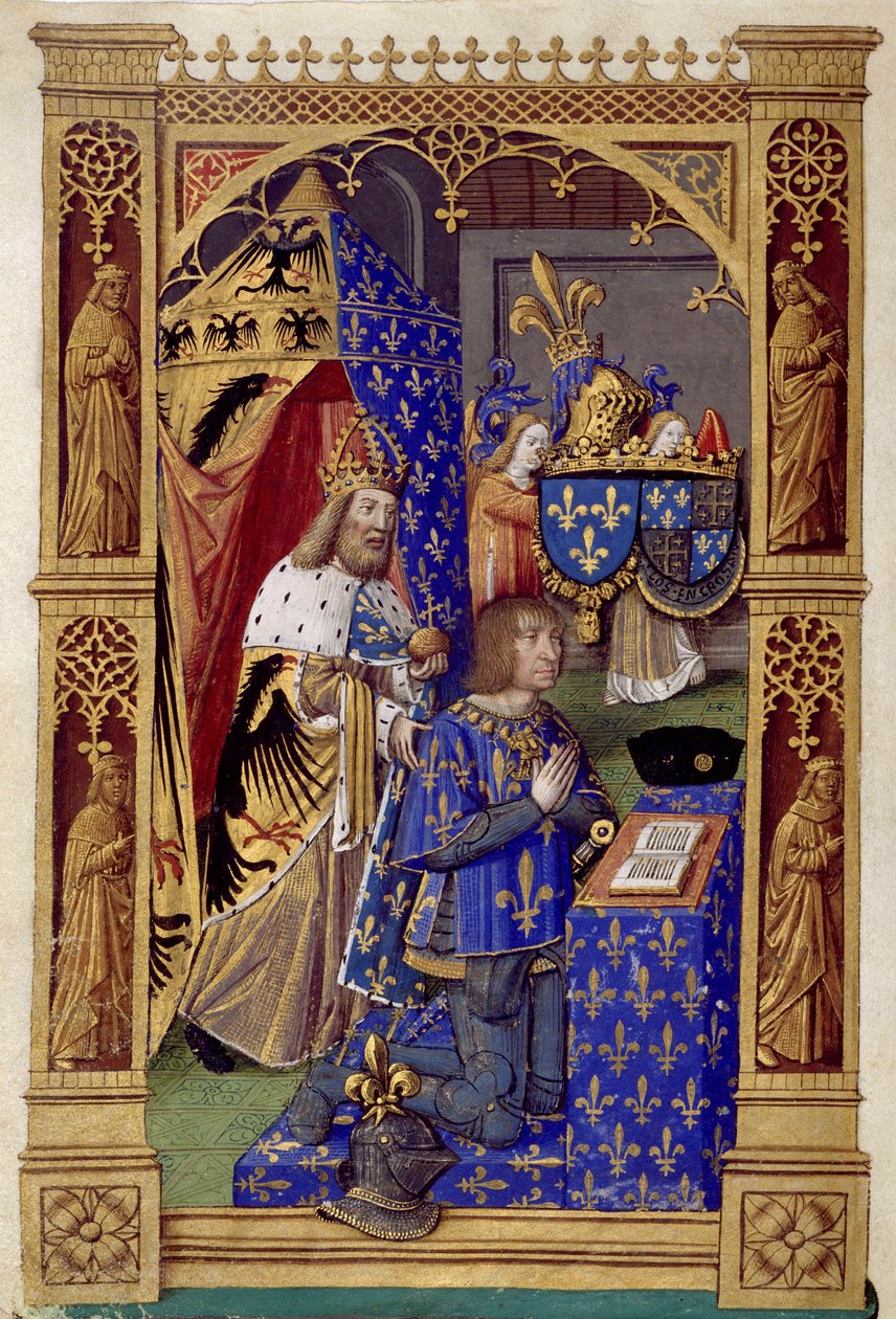 King Louis XII of France Praying with Charlemagne Behind Him by Antoine Verard