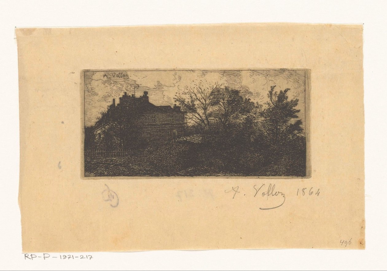 Landscape with Houses Behind a Fence and Trees in the Foreground by Antoine Vollon (signed by artist)