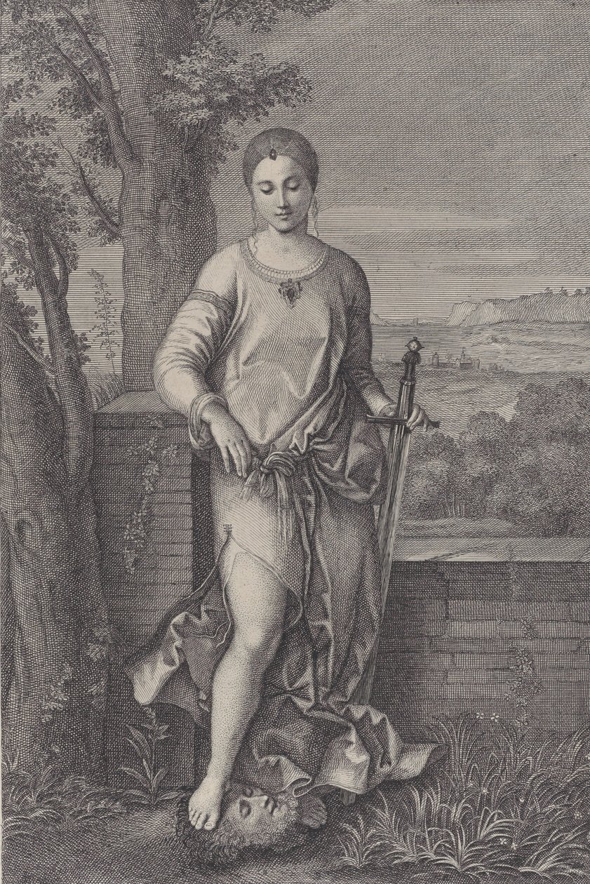Judith standing with her foot on the head of Holofernes by Antoinette Larcher