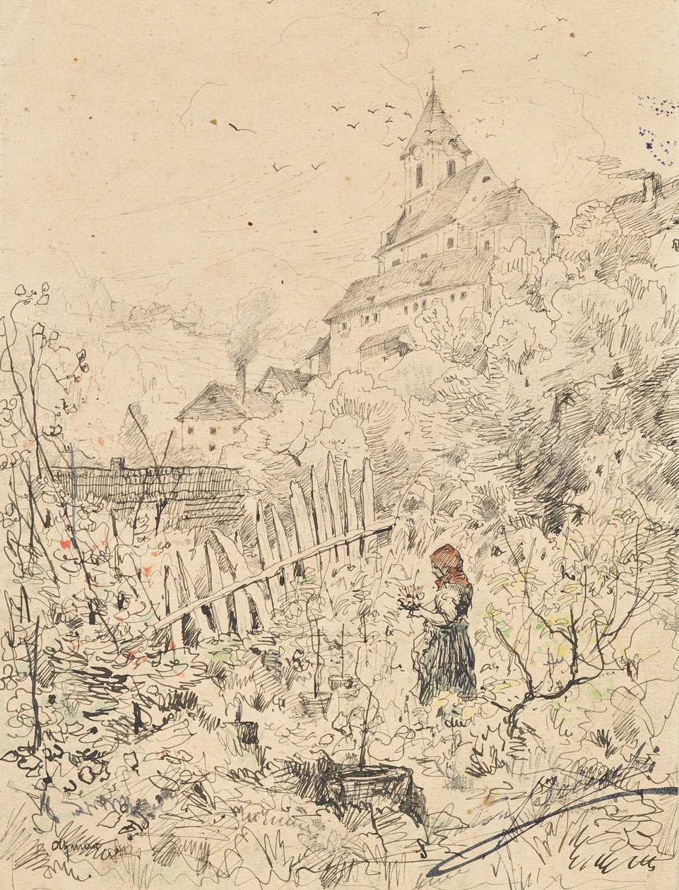 Farm Girl in Garden, Behind Church and Village by Anton Brioschi