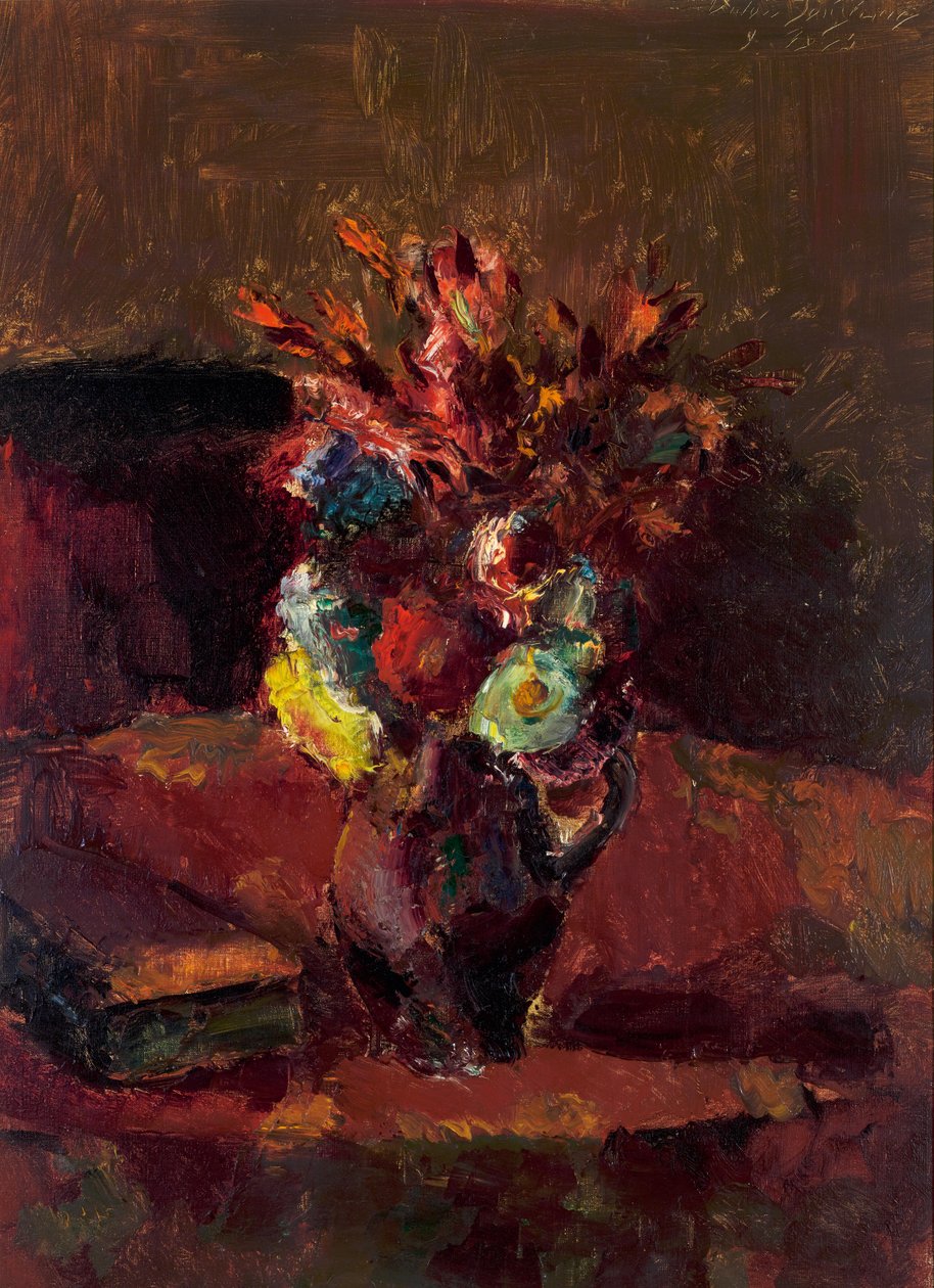 Flower Bouquet with Red Tablecloth by Anton Faistauer