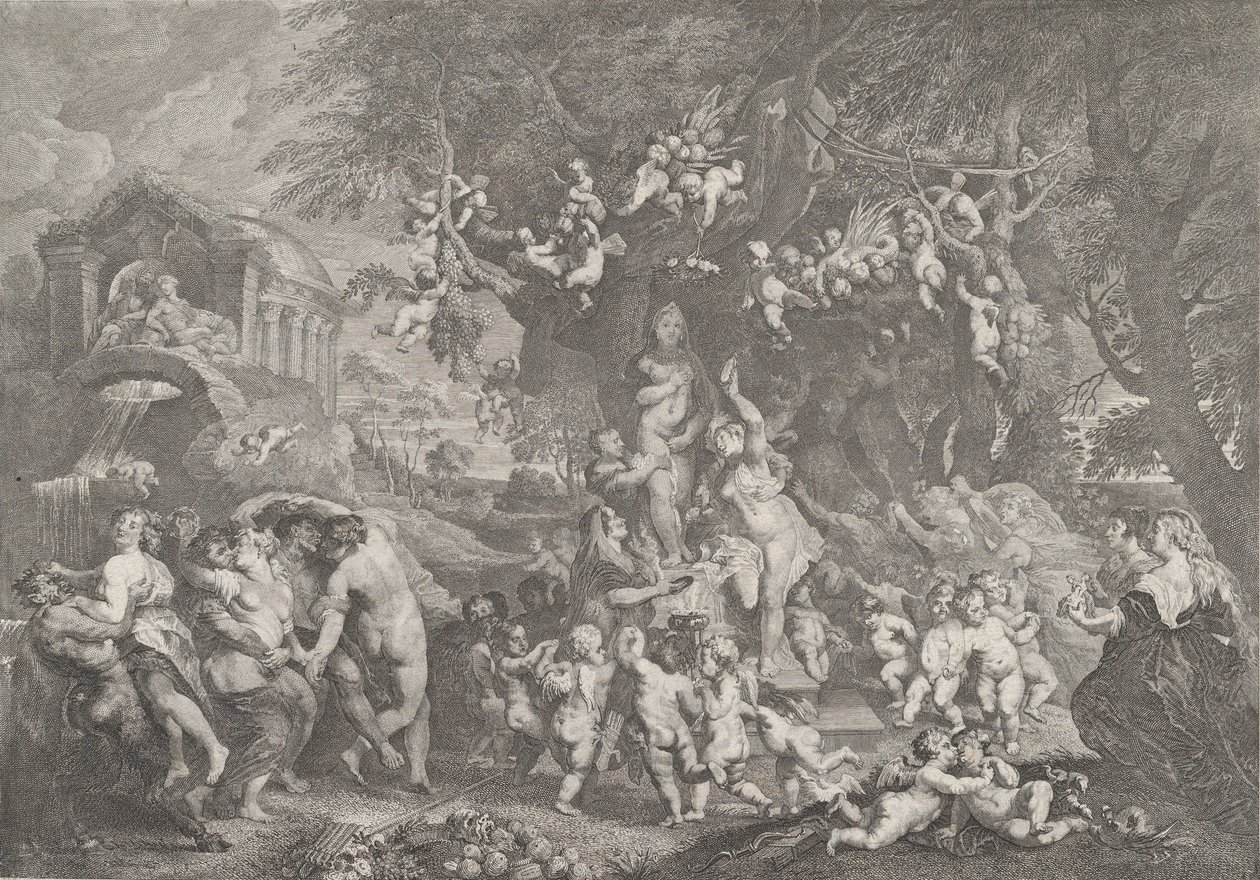 The Feast of Venus, with Groups of Satyrs, Nymphs, and Putti Dancing Around a Statue of Venus by Anton Joseph von Prenner