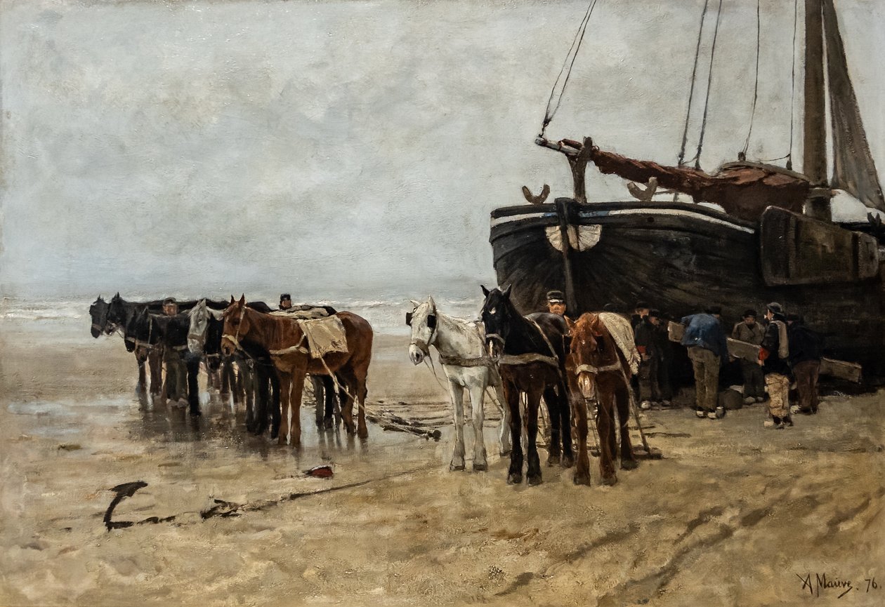 Fishing Boat with Tow Horses on Scheveningen Beach by Anton Mauve
