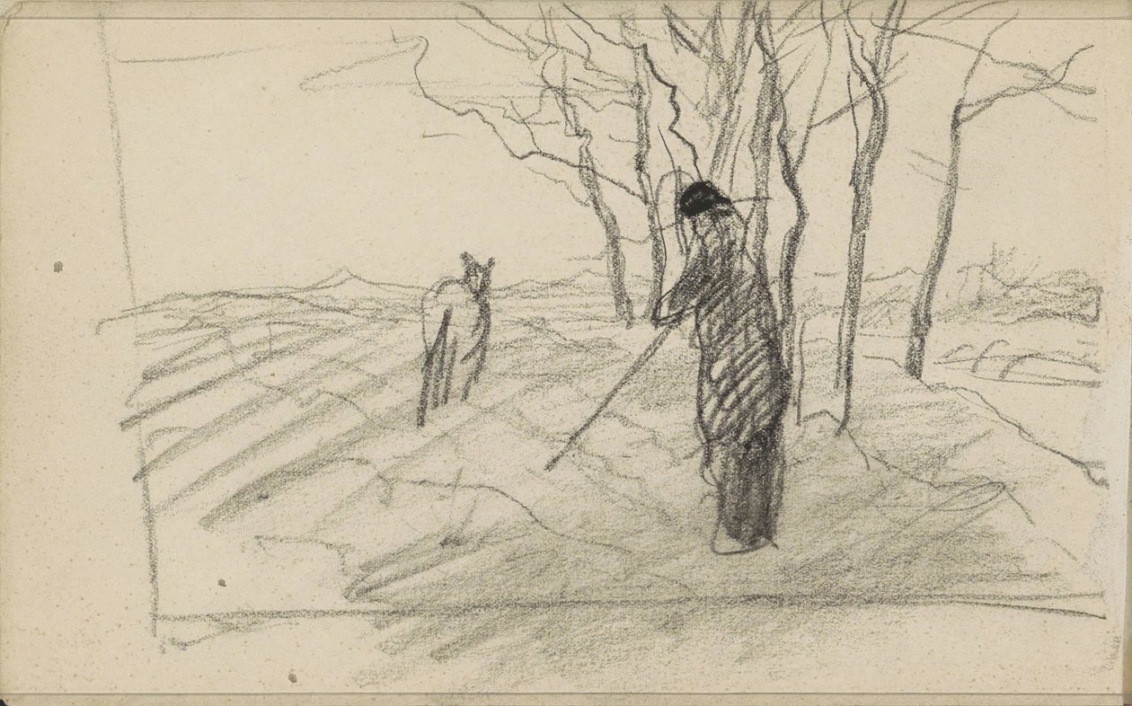 Standing Man with a Stick and an Animal on a Plowed Field by Anton Mauve