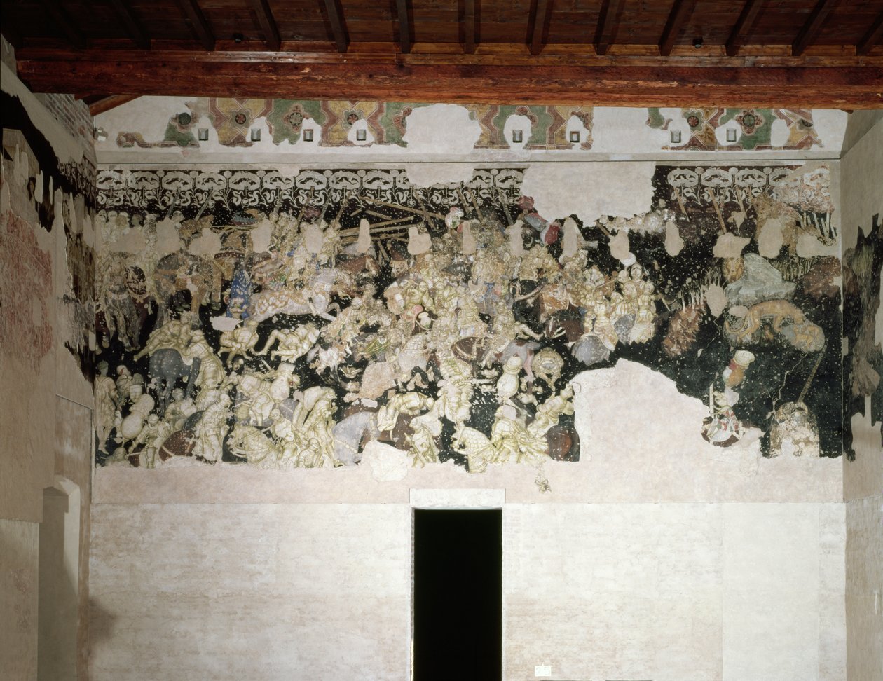Battle tournament, with the Lancastrian SS collar with marigold flowers, emblem of the Gonzaga Family, in the frieze above, fragment of mural painting from the Sala del Pisanello by Antonio Pisanello