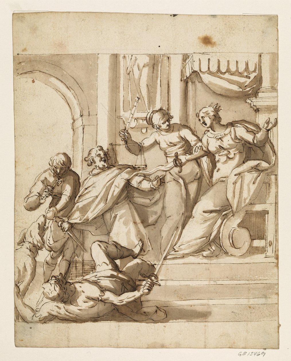 Allegorical composition with Justice restraining an enthroned queen from intervening with her sword in a fight between two men in front of the throne, while a third with a key is feeding a dog by Antonio Aliense