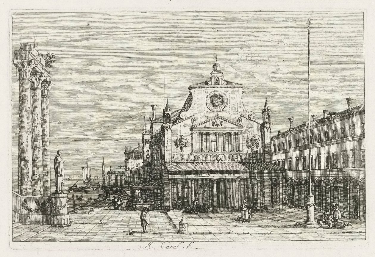 Views: Three Columns and a Statue on the Sea Coast by Antonio Canaletto
