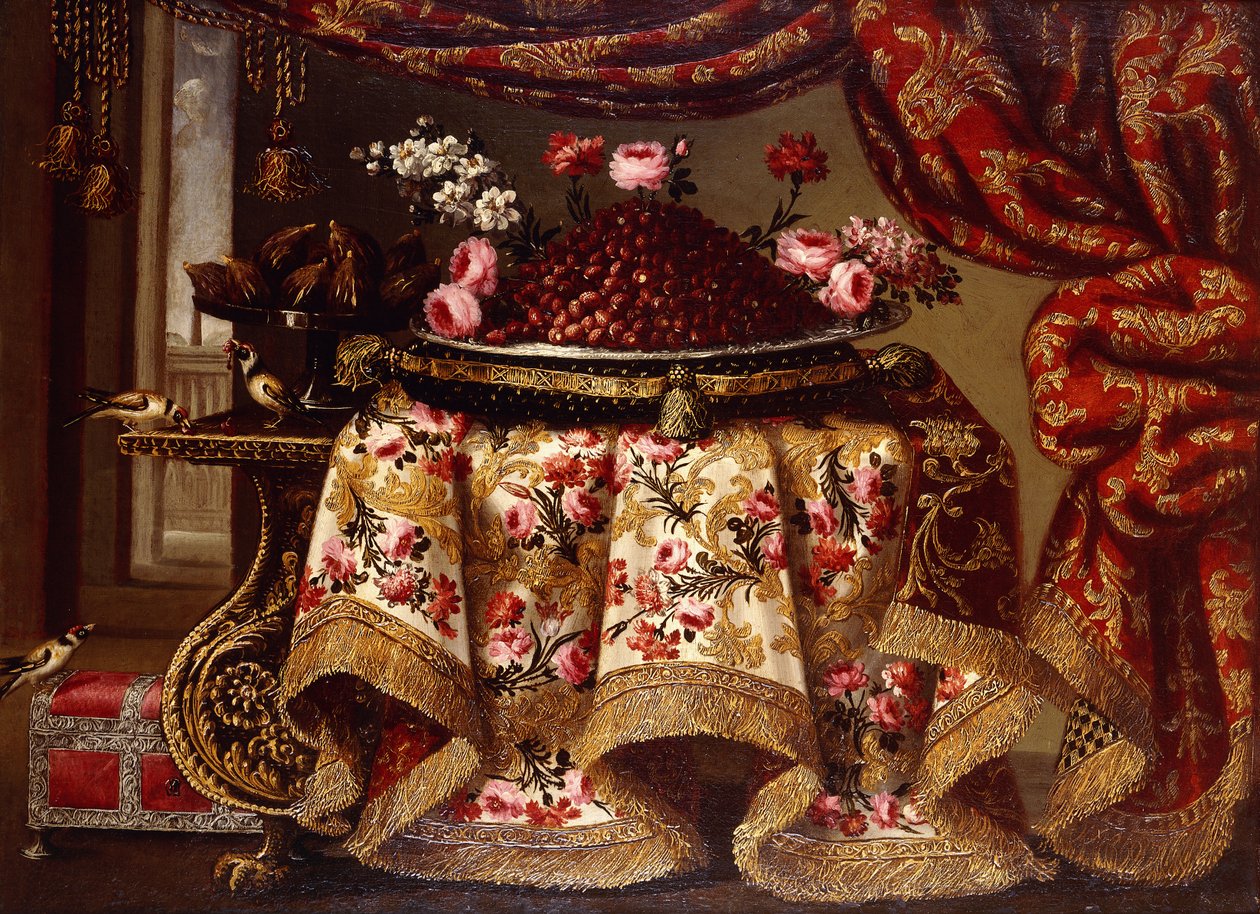 A Platter of Strawberries with Flowers on a Pillow and a Tazza of Figs on a Table Draped with an Embroidered Cloth, with Birds and Chest beside a Curtain and Window by Antonio Gianlisi