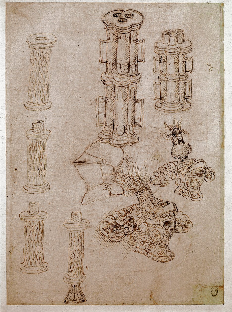 Three helmets topped with crests and two pieces of guns demolved (Drawing) by Antonio Pisanello