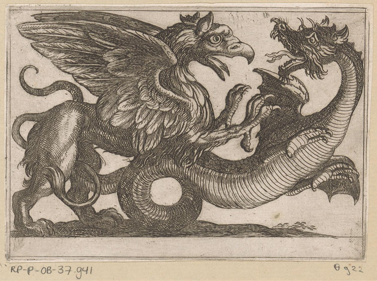 Dragon and Griffin Fighting by Antonio Tempesta