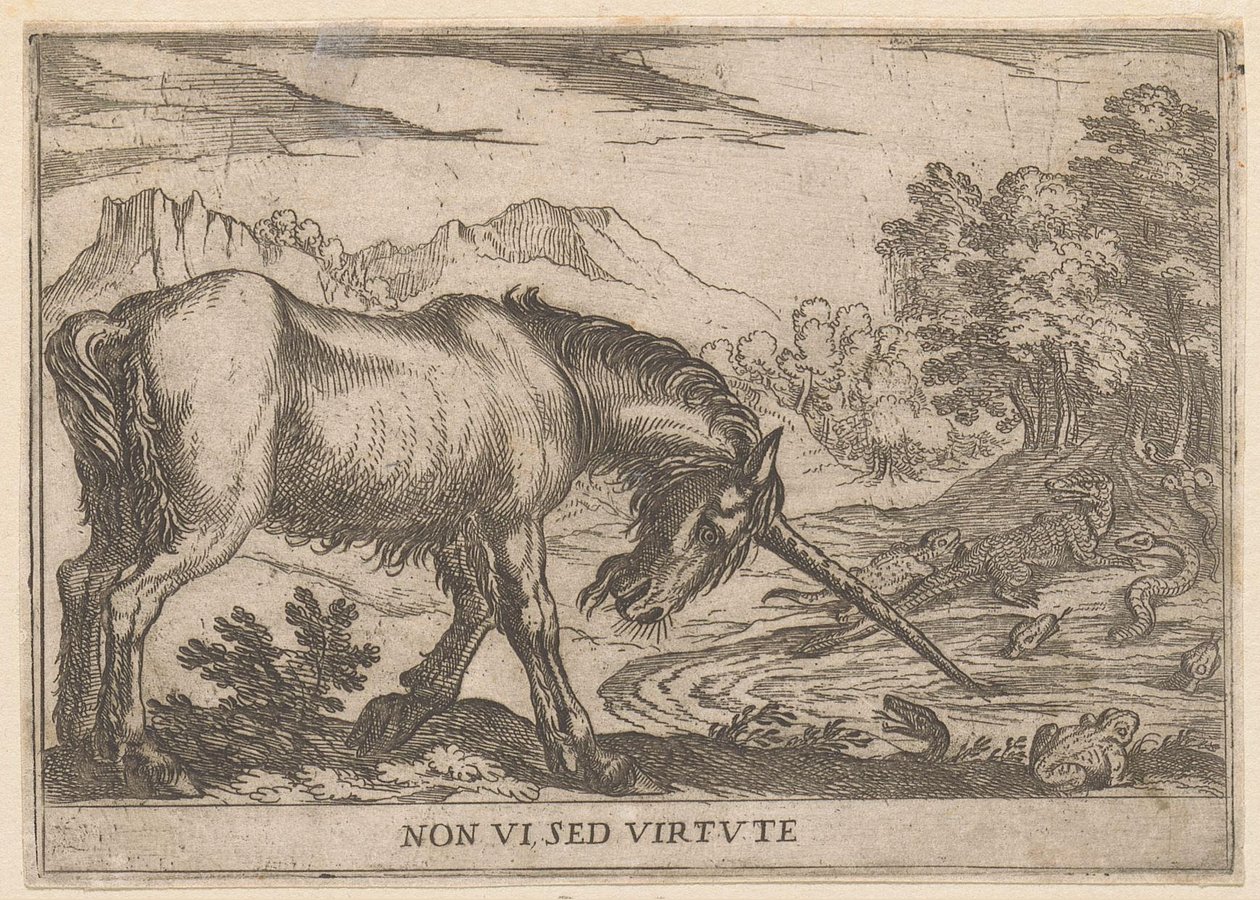 A Unicorn Chasing Lizards from a Pond by Antonio Tempesta