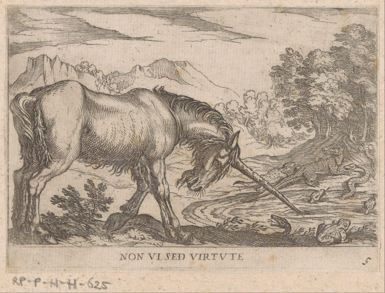 A Unicorn Chasing Lizards from a Pond by Antonio Tempesta