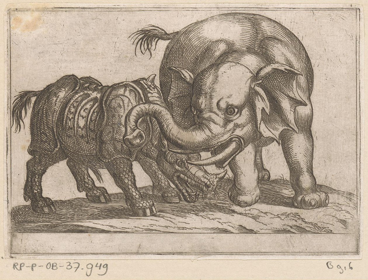 A rhinoceros fights with an elephant by Antonio Tempesta
