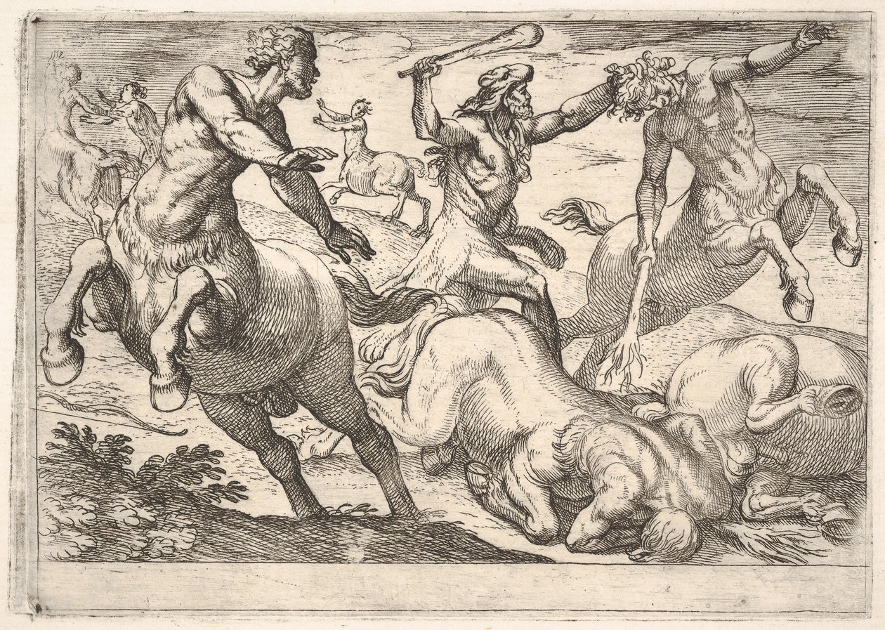 Hercules and the Centaurs: Hercules Holds the Head of a Centaur with His Left Hand and Raises His Club, 1608 by Antonio Tempesta