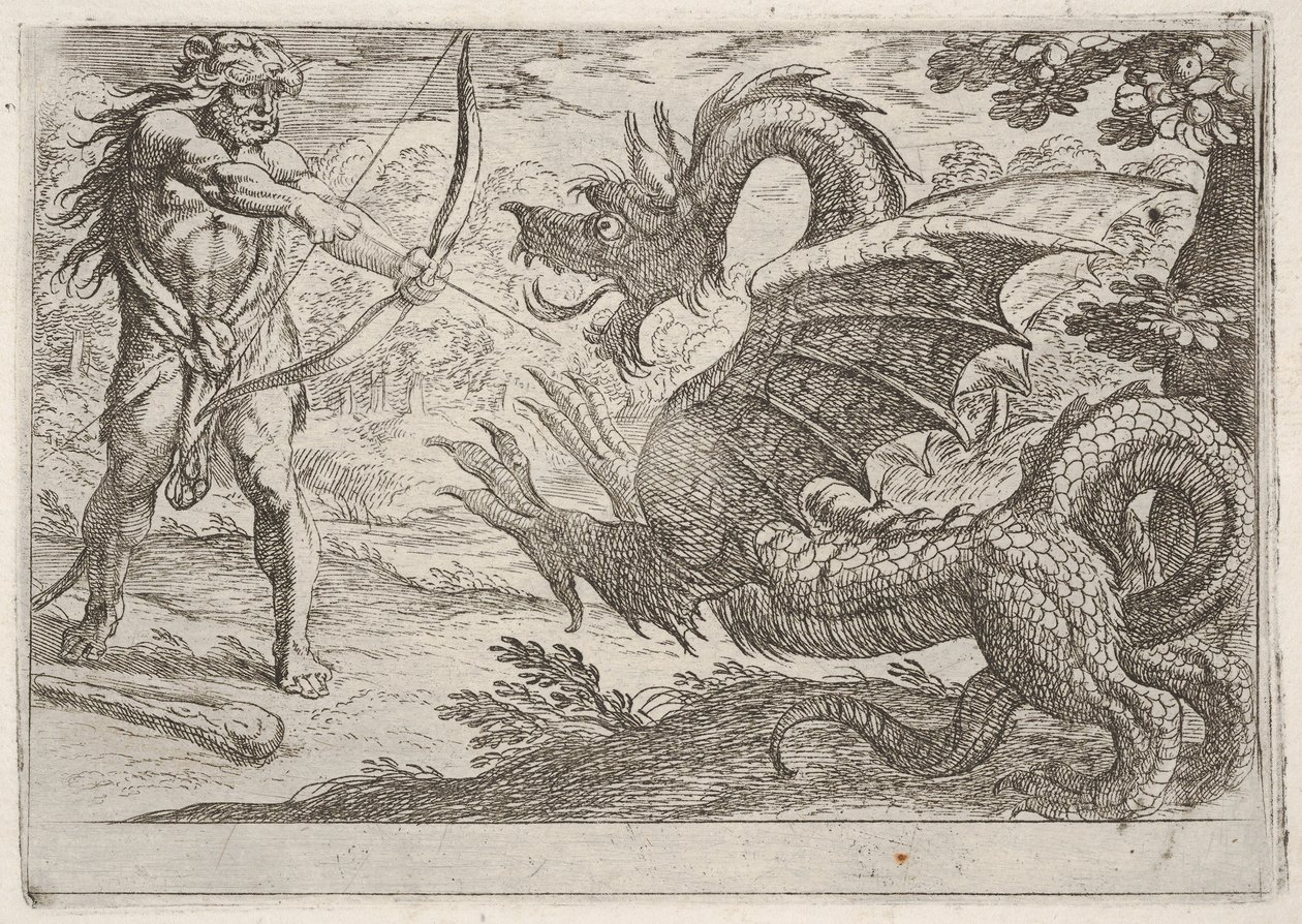Hercules and the Serpent Ladon: Hercules draws his bow, the rearing serpent appears by Antonio Tempesta