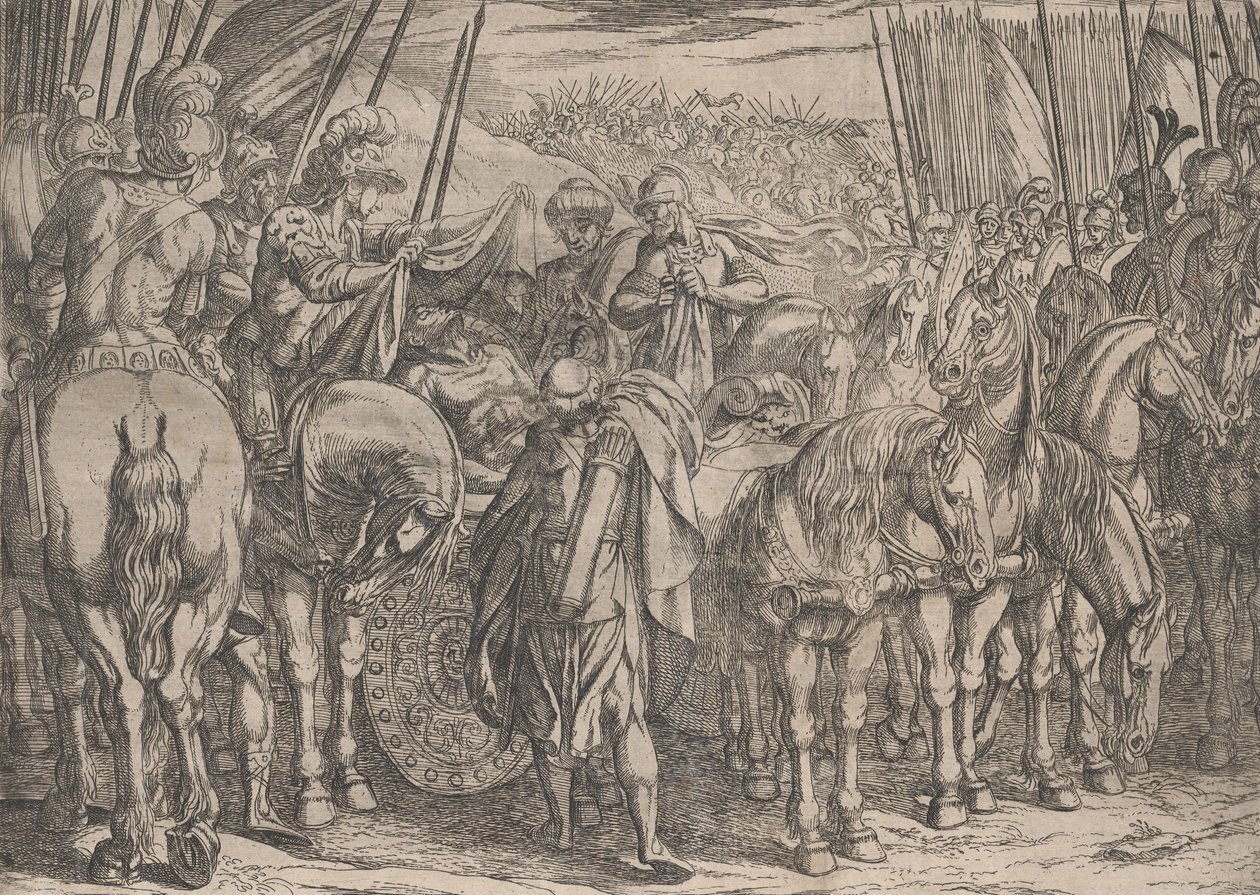 Plate 10: Alexander Finding the Body of Darius, from The Deeds of Alexander the Great, 1608 by Antonio Tempesta