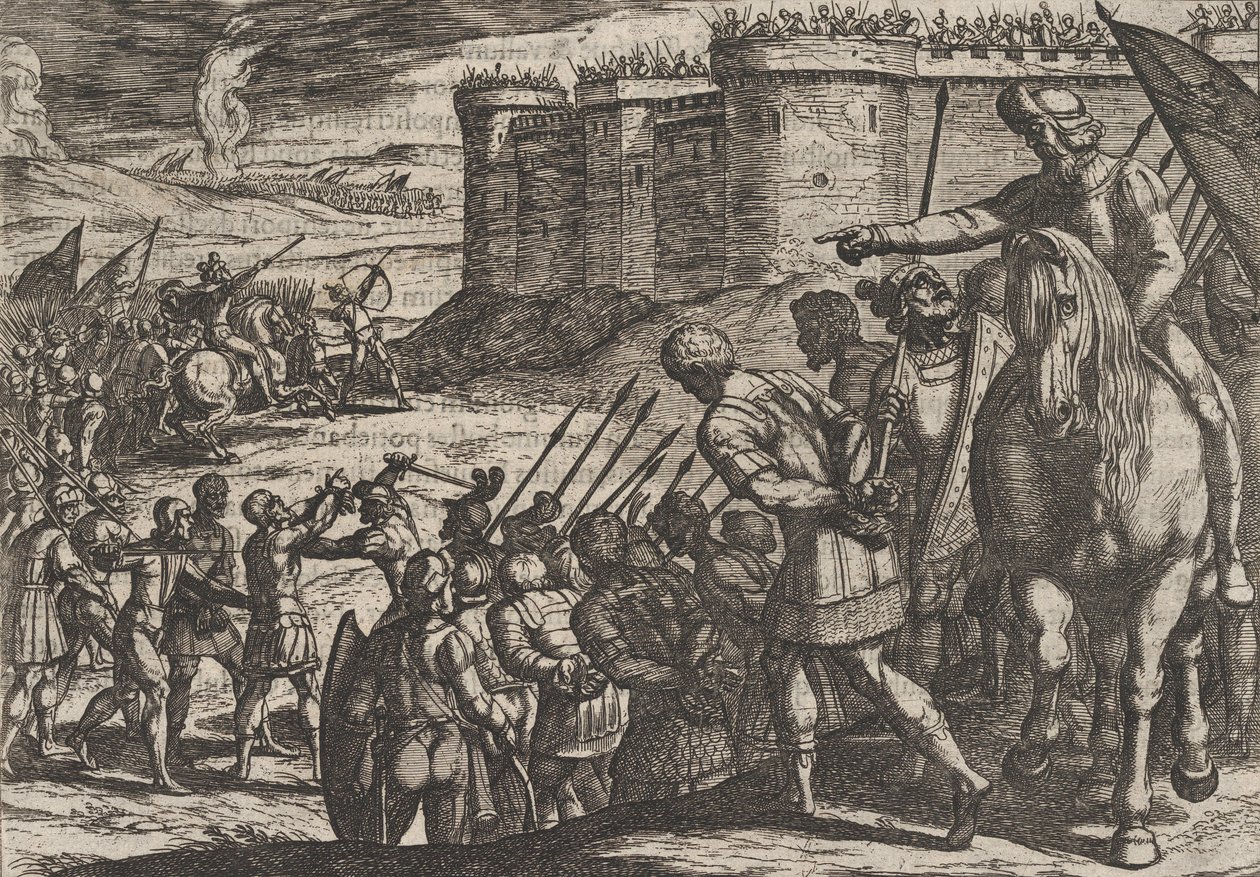 Plate 16: Roman Captives Before the Old Fortress, from The War of the Romans Against the B... by Antonio Tempesta