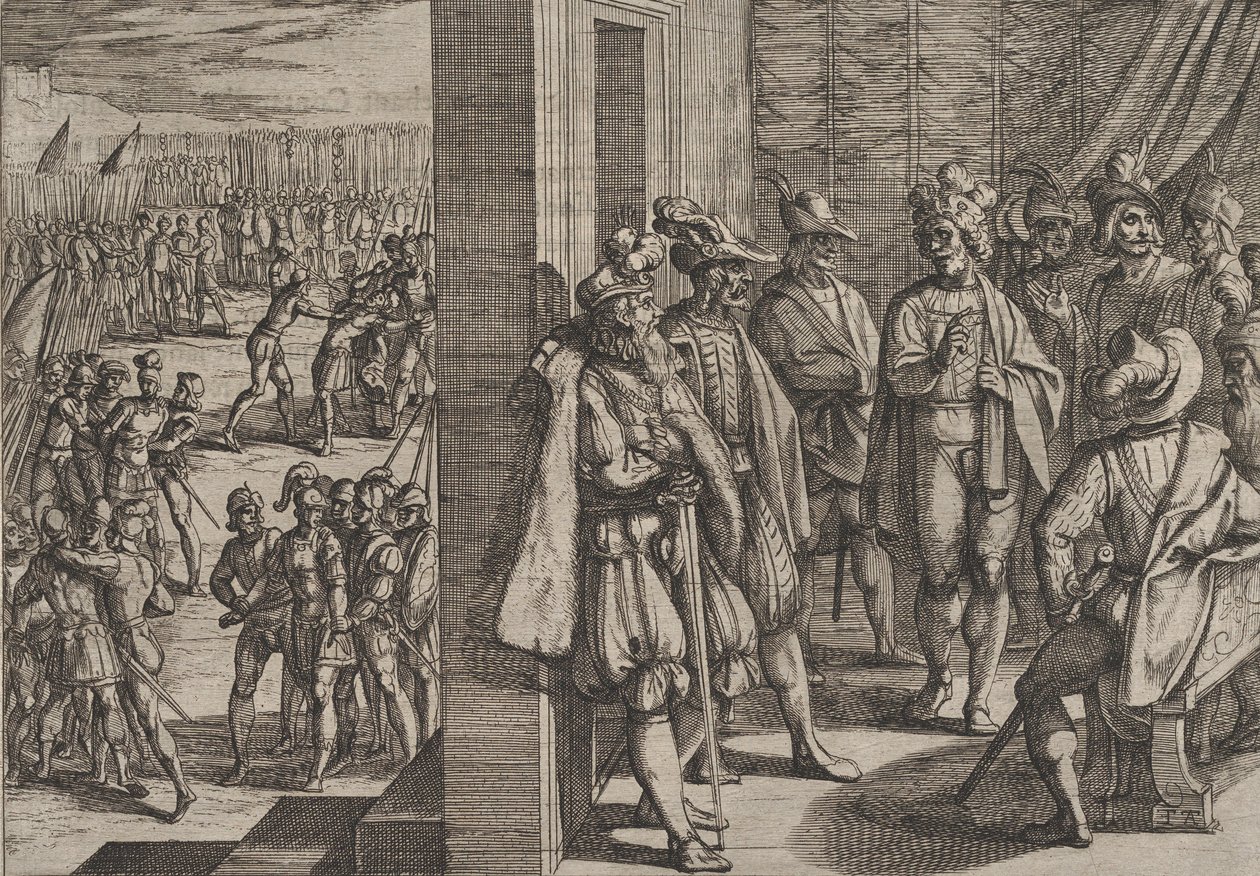 Plate 18: Secret Meeting of Civilis with Other Leaders from Trier, from The War of the Romans, 1611 by Antonio Tempesta