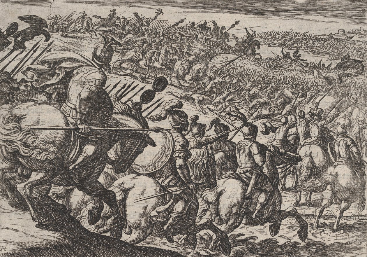 Plate 25: The Roman Commander Cerialis Attacks Near Trier, from The War of the Romans by Antonio Tempesta