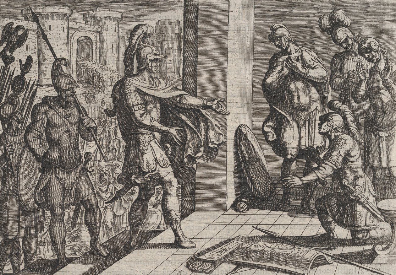 Plate 26: Cerialis Pardons and Relieves Roman Soldiers who had Helped Civilis, from The War by Antonio Tempesta